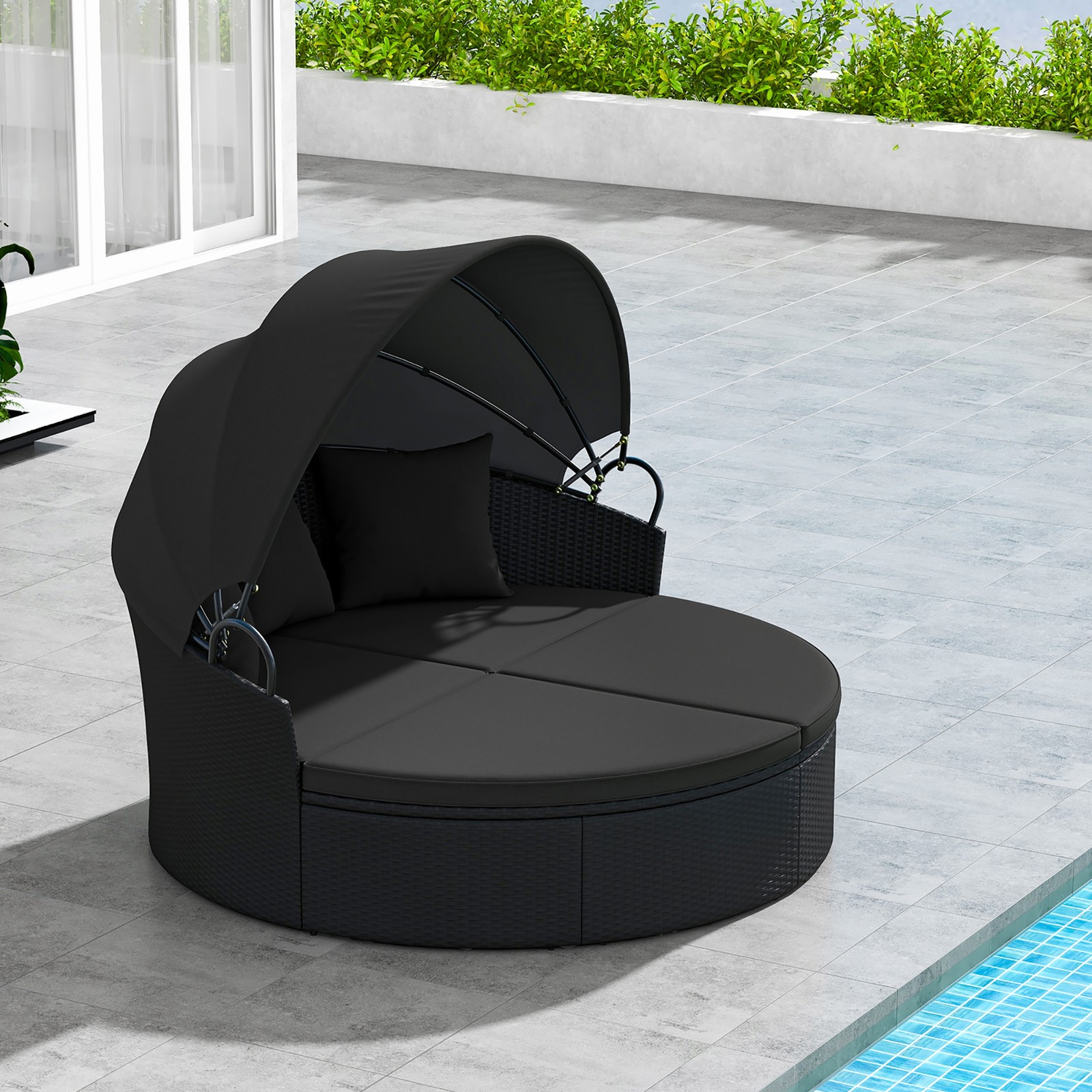 Patio Round Daybed Wicker Daybed w/ Retractable Canopy Separated Seating