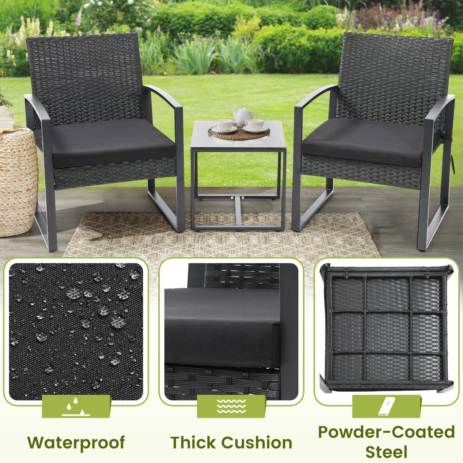 3-Piece Outdoor Wicker Bistro Set, Patio Conversation Set with 2 Chairs & Table,