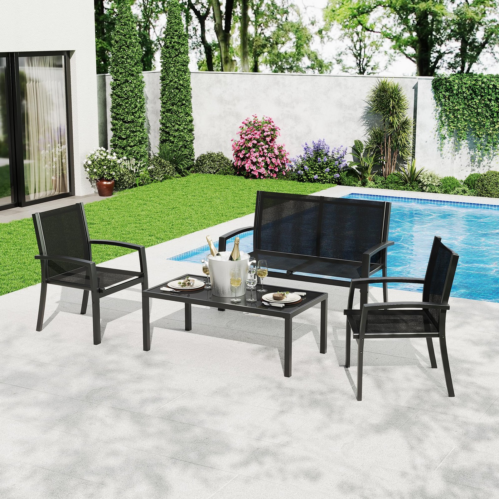 4PCS Modern Outdoor Patio Furniture Set Loveseat, 2 Single Chairs & Coffee Table
