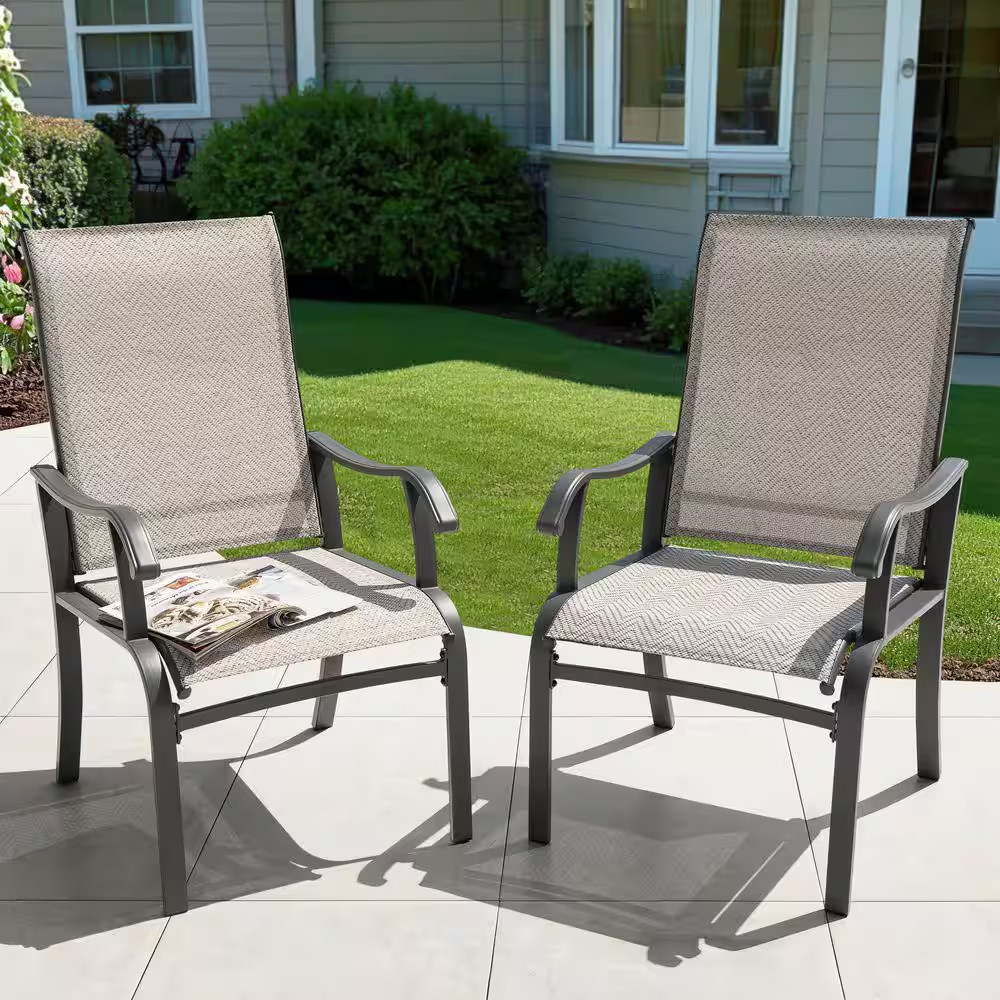 Gray Textilene and Metal Outdoor Dining Chairs Set in Beige with Ergonomic Desig