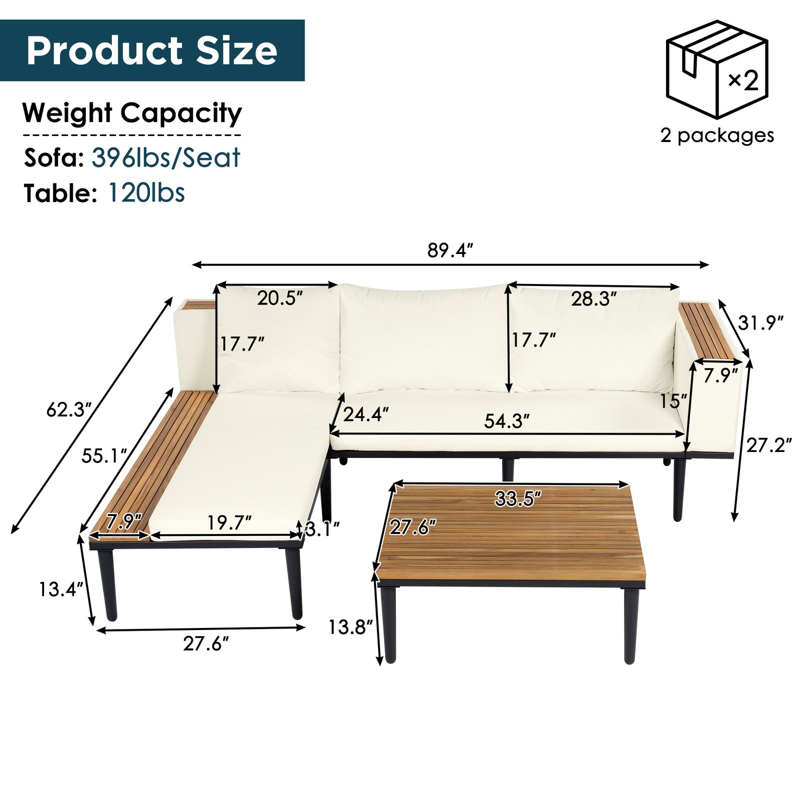 Acacia Wood L-Shaped Outdoor Sectional Sofa Set with Cushions Beige