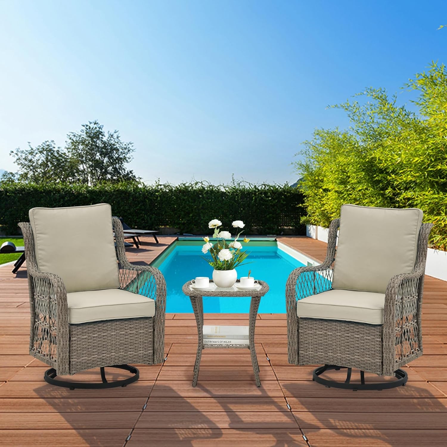 3Pcs Outdoor Wicker Swivel Chairs, Swivel Rocking Chair Set of 2 with Side Table