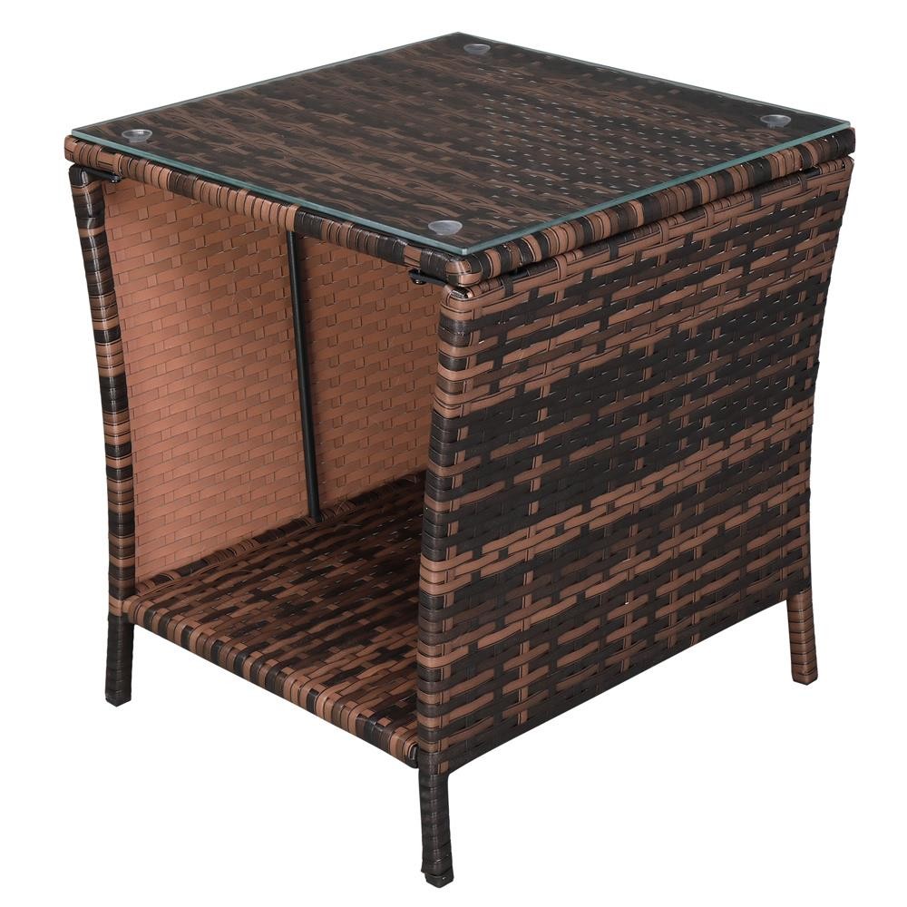 Brown Wicker Rattan Side Tea Table with Glass Patio Outdoor Garden Furniture New