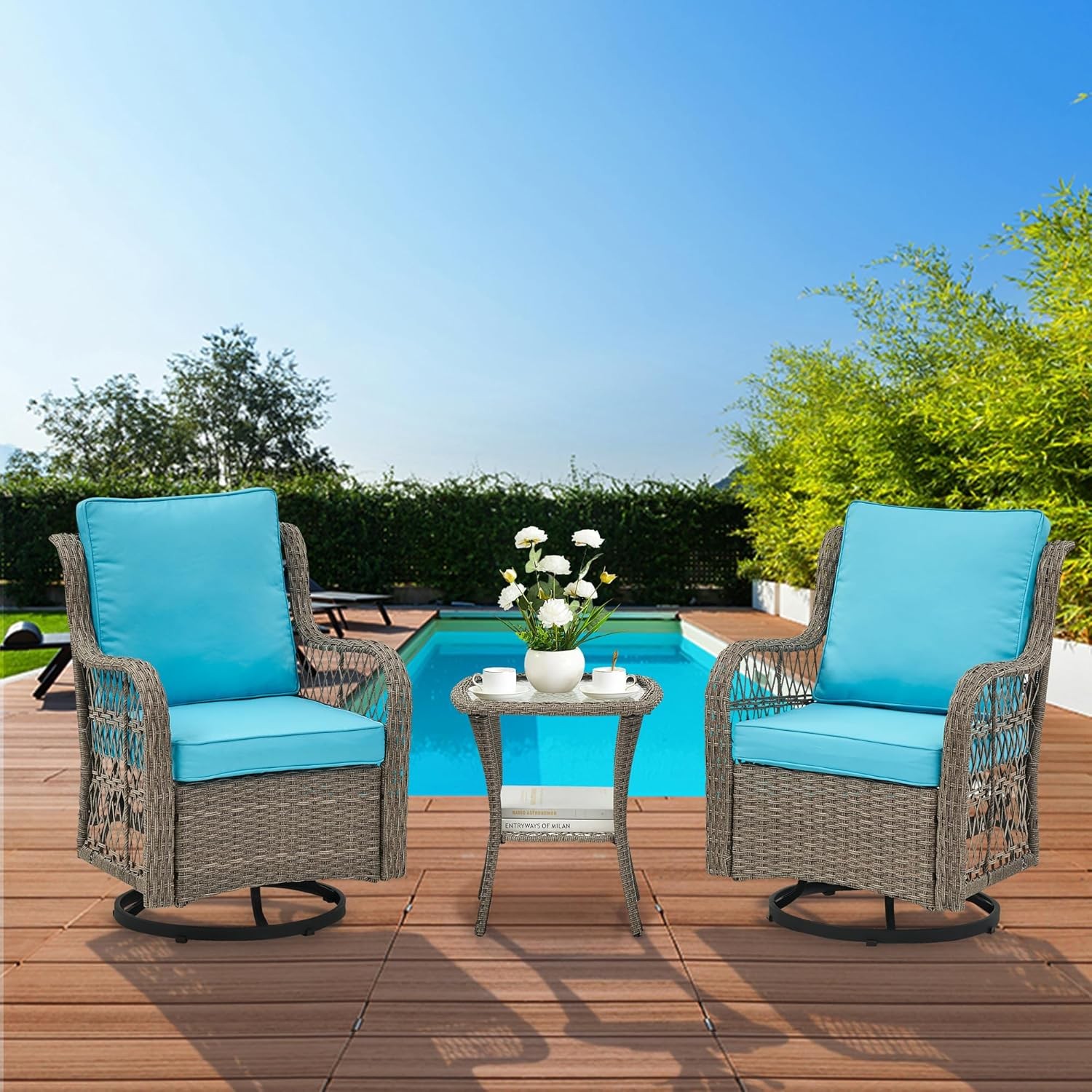 3Pcs Outdoor Wicker Swivel Chairs, Swivel Rocking Chair Set of 2 with Side Table
