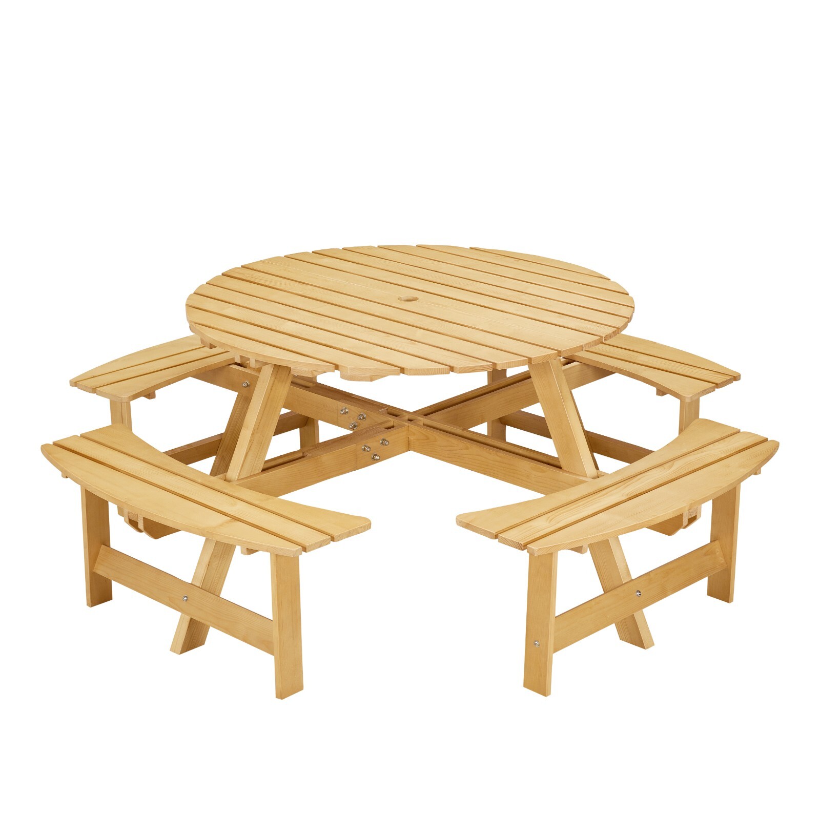 8-Person Outdoor Round Picnic Table Set with 4 Built-in Benches & Umbrella Hole