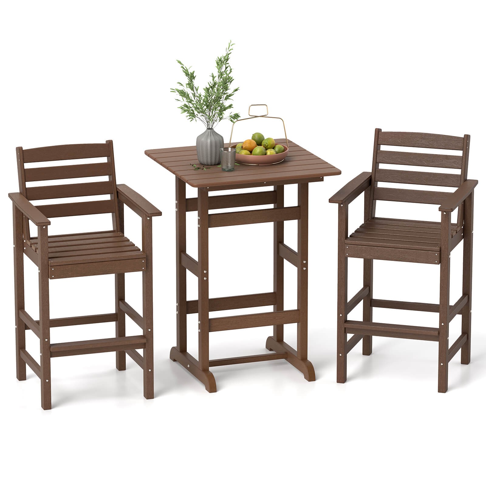 3-Piece Patio HDPE Bar Set Armchairs w/ Square High-Top Table Footrest Backrest