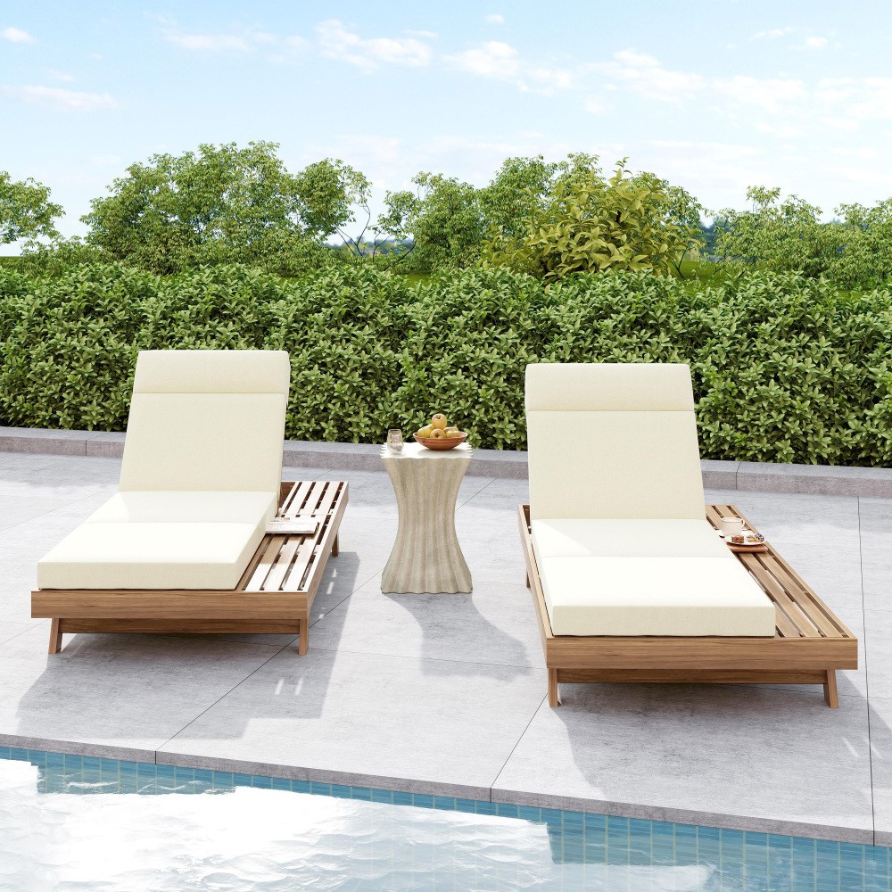 Outdoor Chaise Lounge Adjustable Headrest Water-Resistant Cushion Acacia Wood