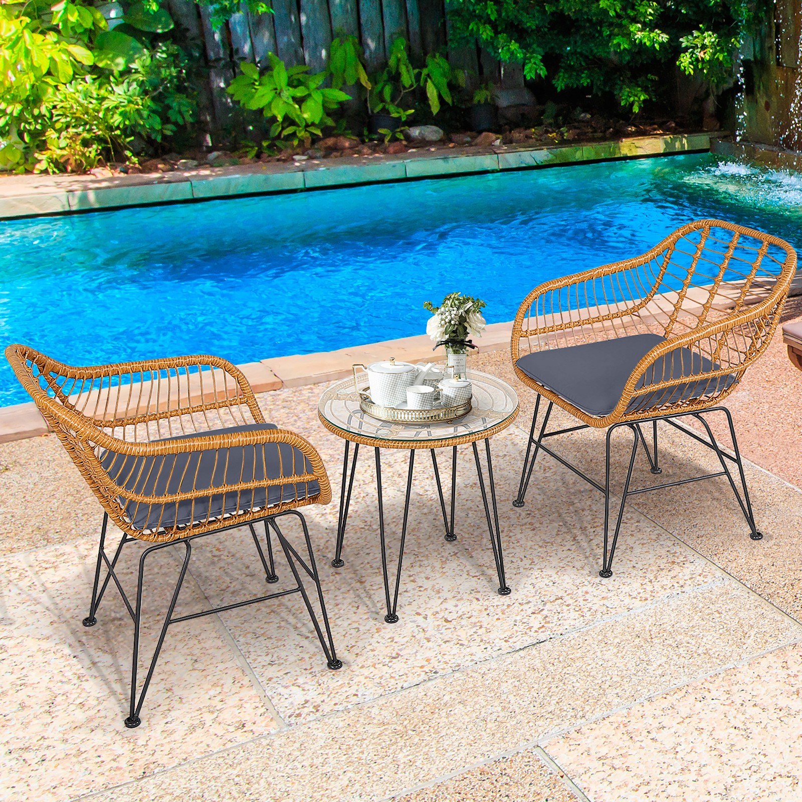 3PCS Rattan Patio Bistro Set Conversation Furniture Set w/ Grey Cushions