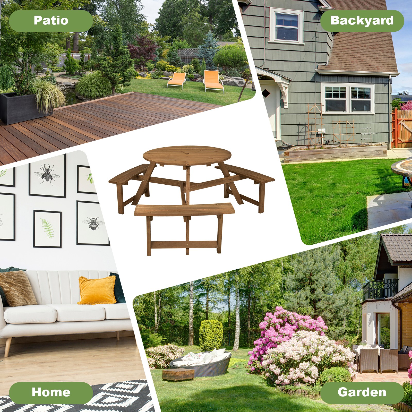 6-Person Wooden Picnic Table Round Outdoor Table w/ Umbrella Hole & Benches
