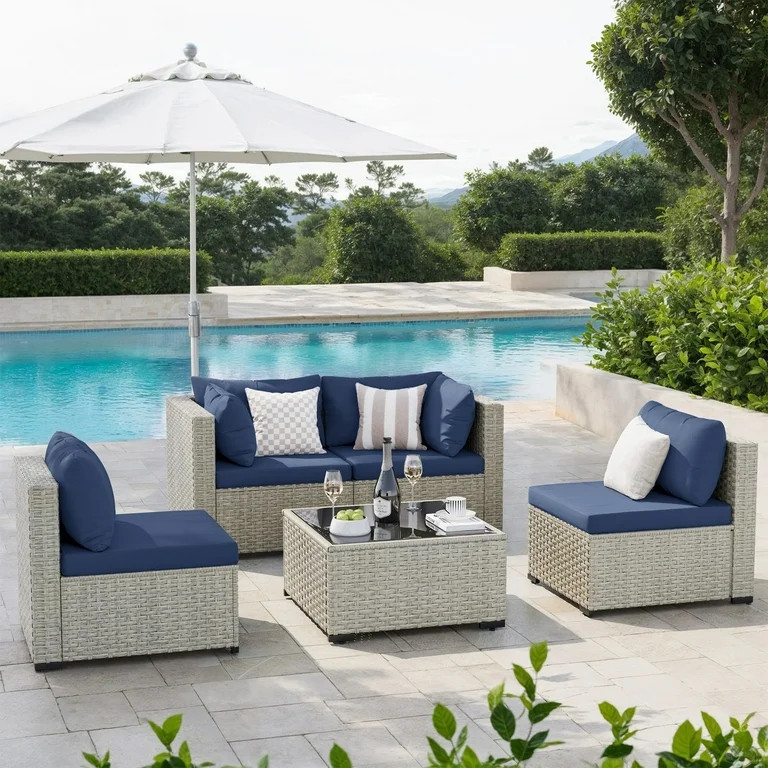 Amopatio 5 Pieces Patio Conversation Set, Outdoor Sectional PE Rattan Wicker Fur