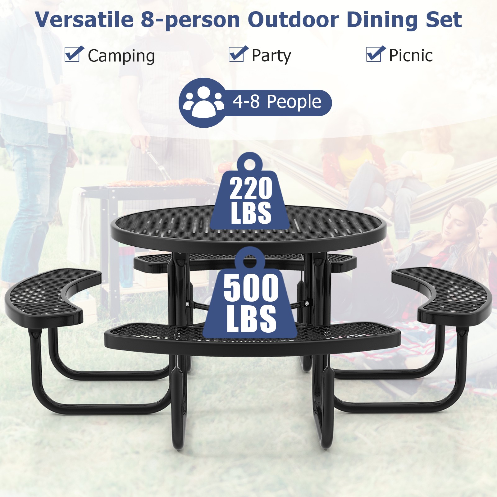 45″ Outdoor Round Picnic Table Bench Set for 8 w/ Umbrella Hole BLK