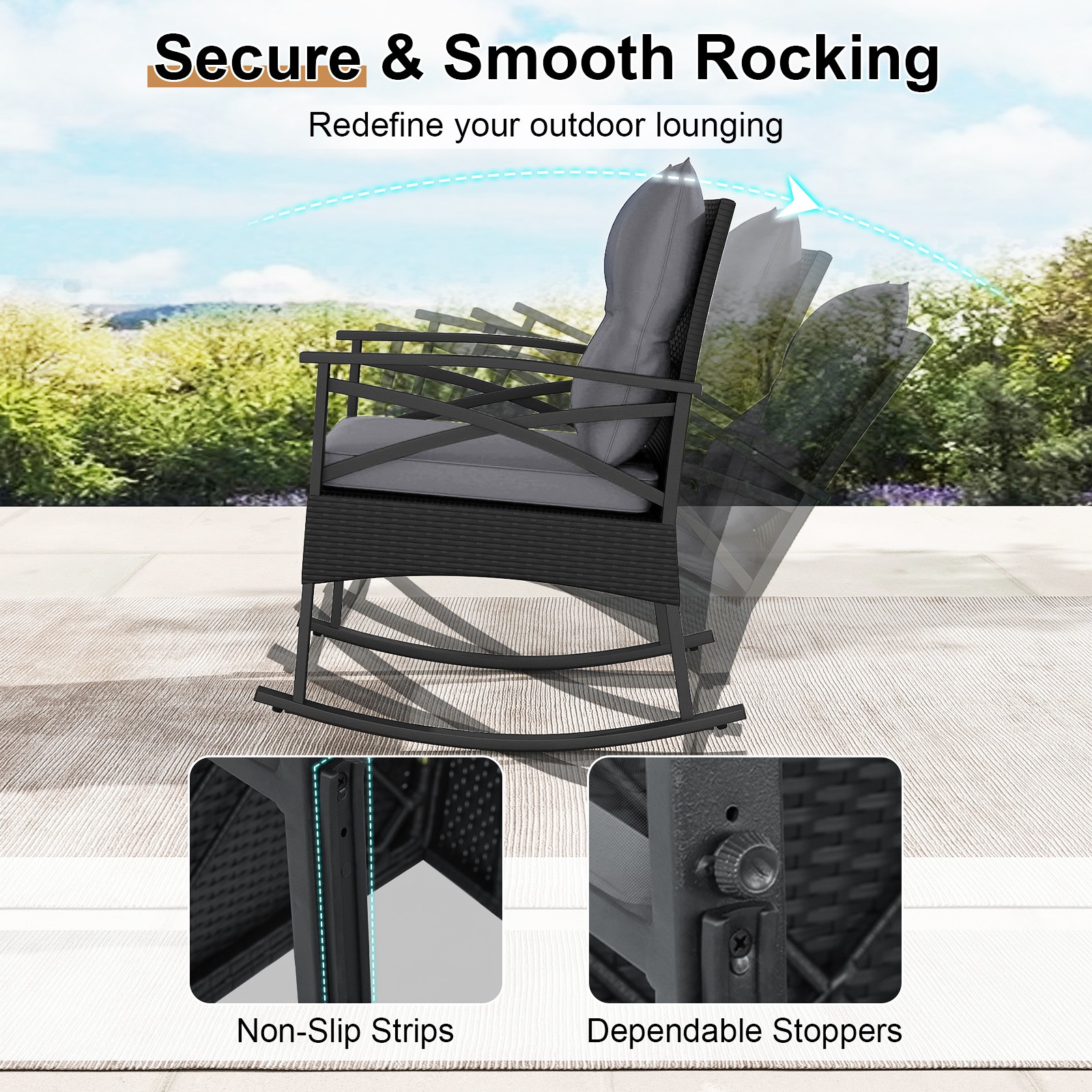 3-Piece Rattan Rocking Bistro Set w/Tempered Glass Tabletop & Cushions for Porch