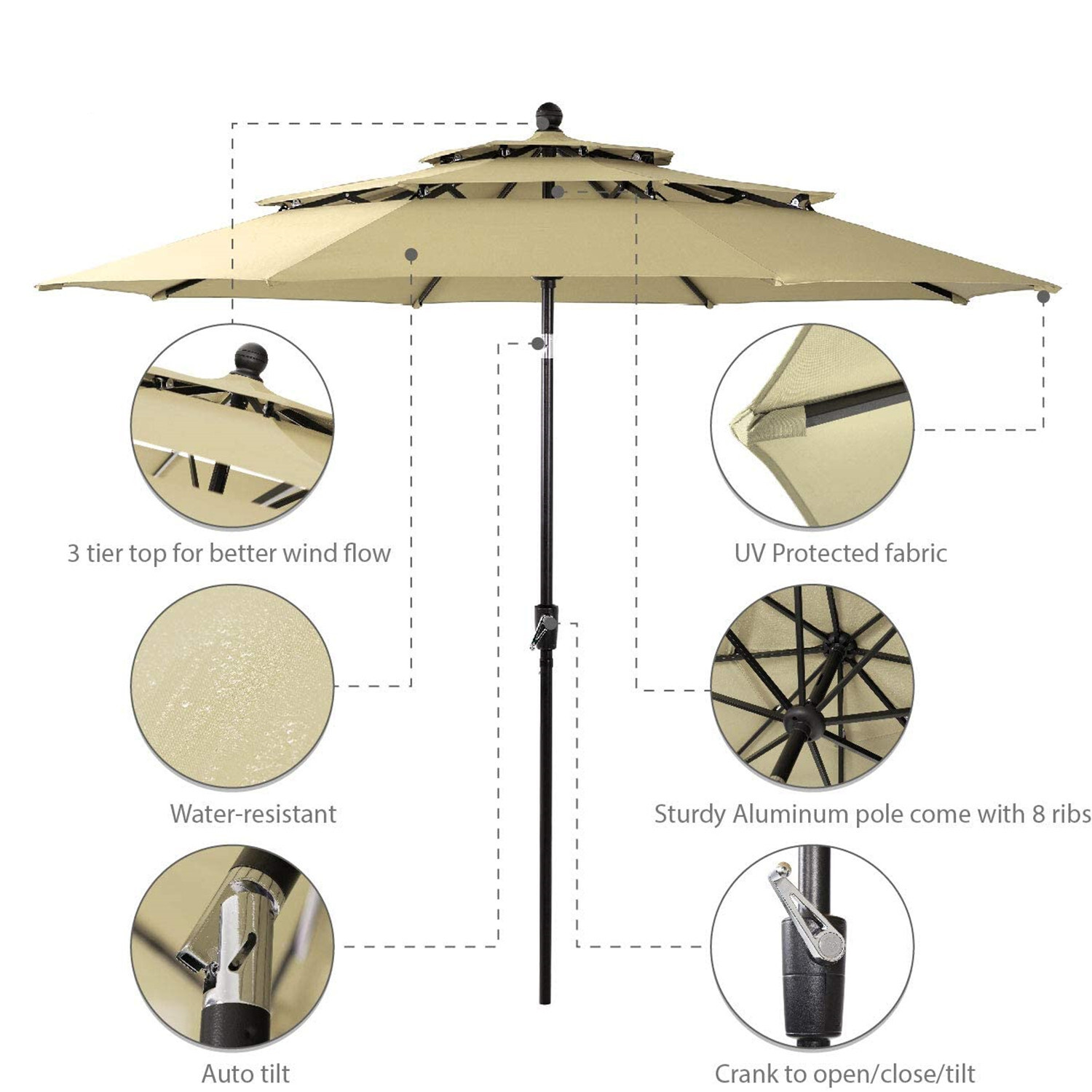 PHI VILLA Patio Furniture Set of 6 w/ Umbrella Swivel Chairs Outdoor Dining Set