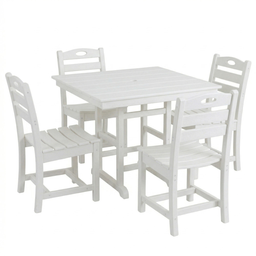 White HDPE 5-Piece Outdoor Dining Set Square Table 4 Chairs