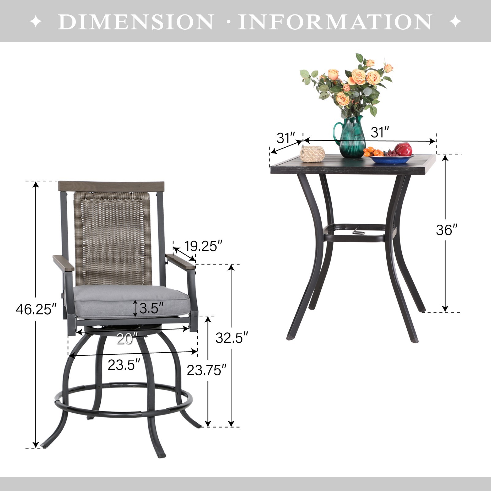 3PCS Outdoor Counter Height Table Chairs Set Swivel Bar Chairs Metal Bar Table