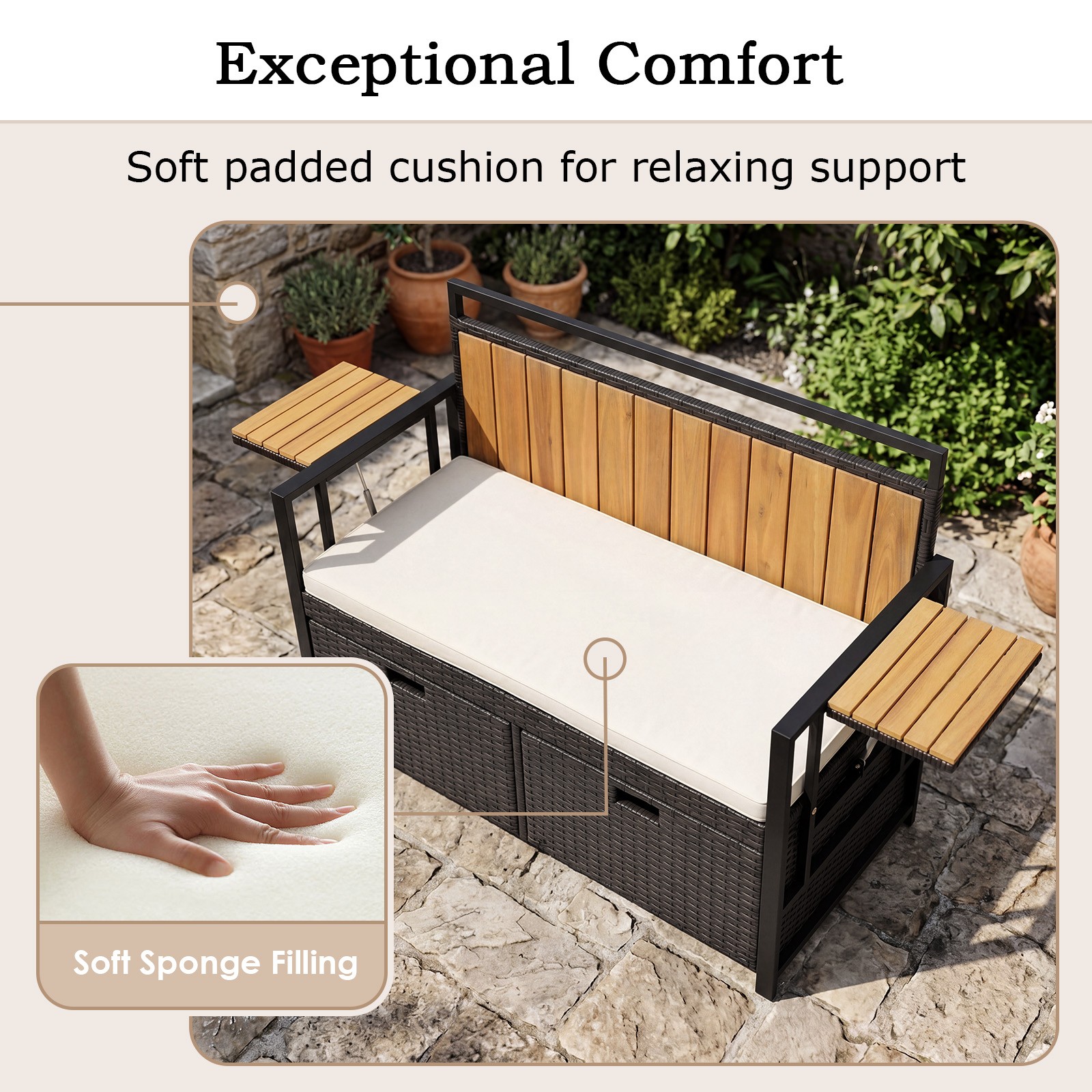 Patio Storage Bench w/2Folding Side Tables2-Seater Rattan Bench Seat w/Cushion
