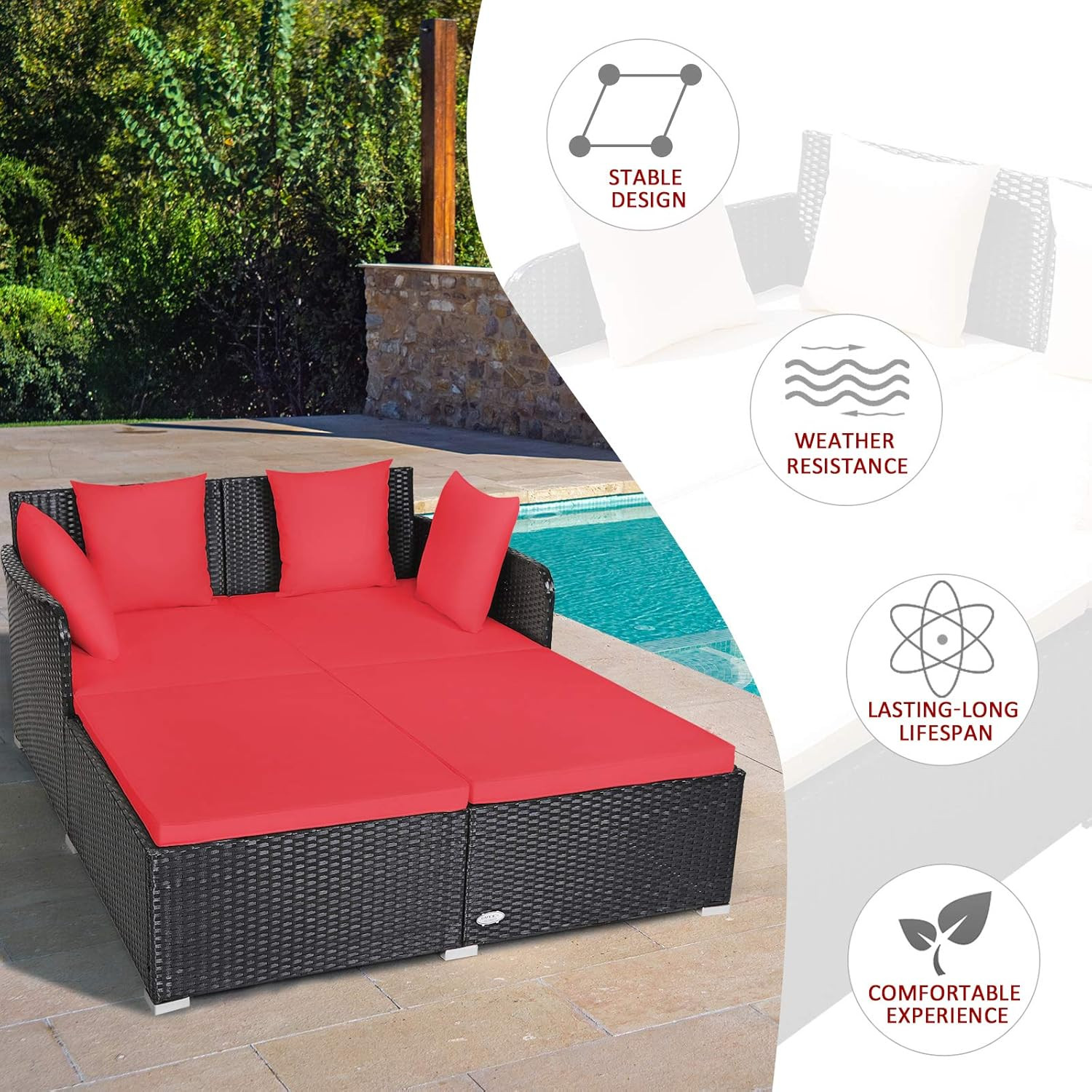 Red Outdoor Rattan Daybed Sofa with Cushions & 4 Pillows for Patio Relaxation