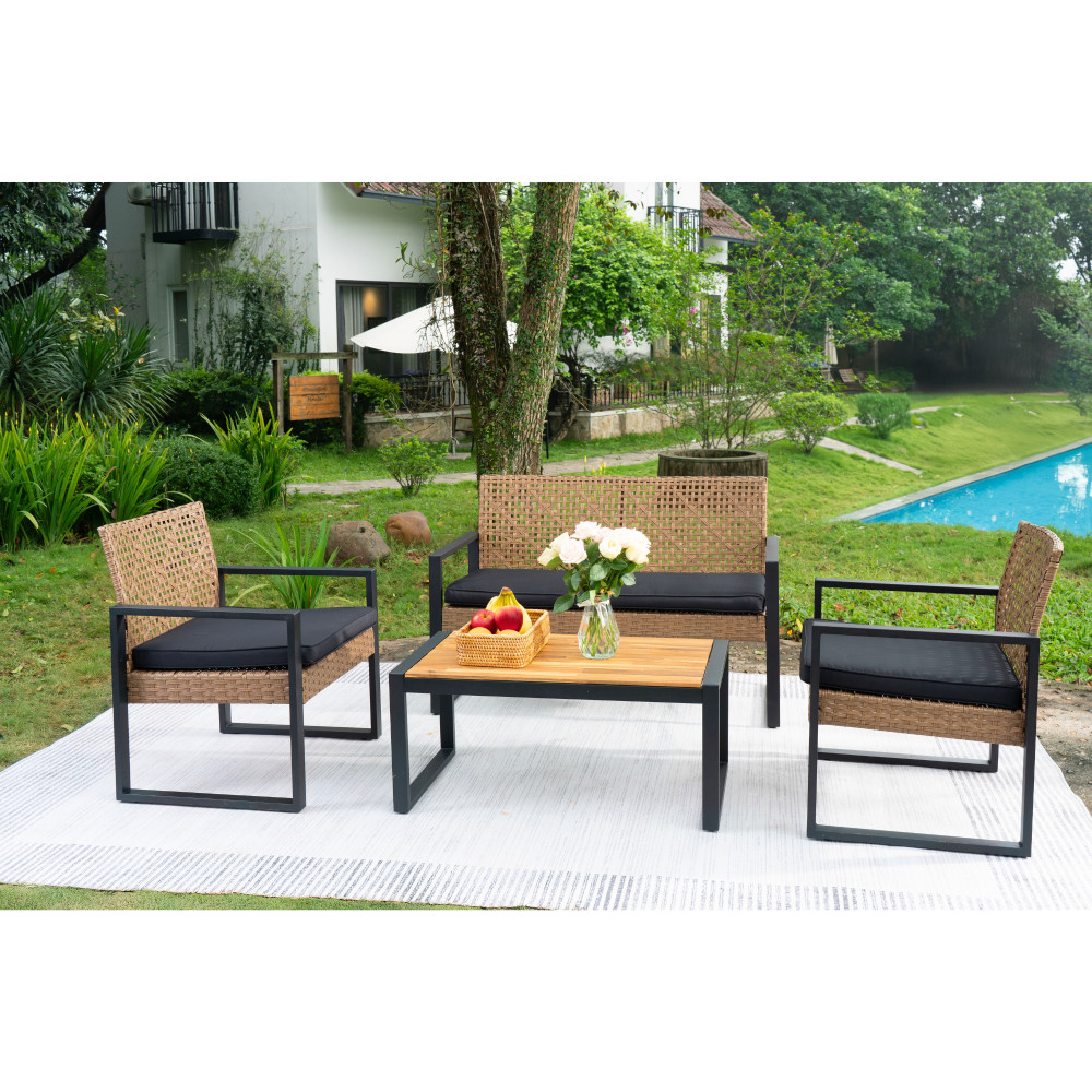 Patio Furniture Set Acacia Wood Table Top Morden Black & Light Brown