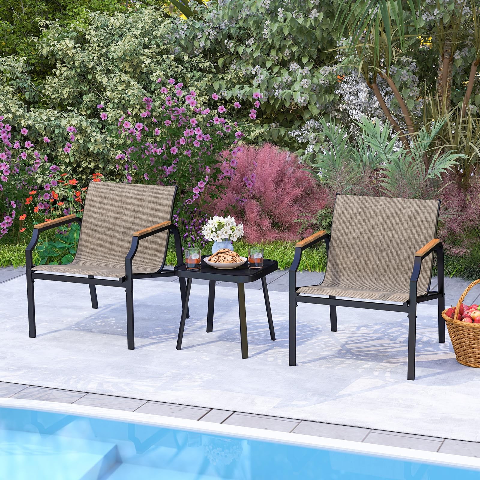 3 Piece Outdoor Bistro Set, Table & Metal Frame Chairs Set of 2 with Breathab…