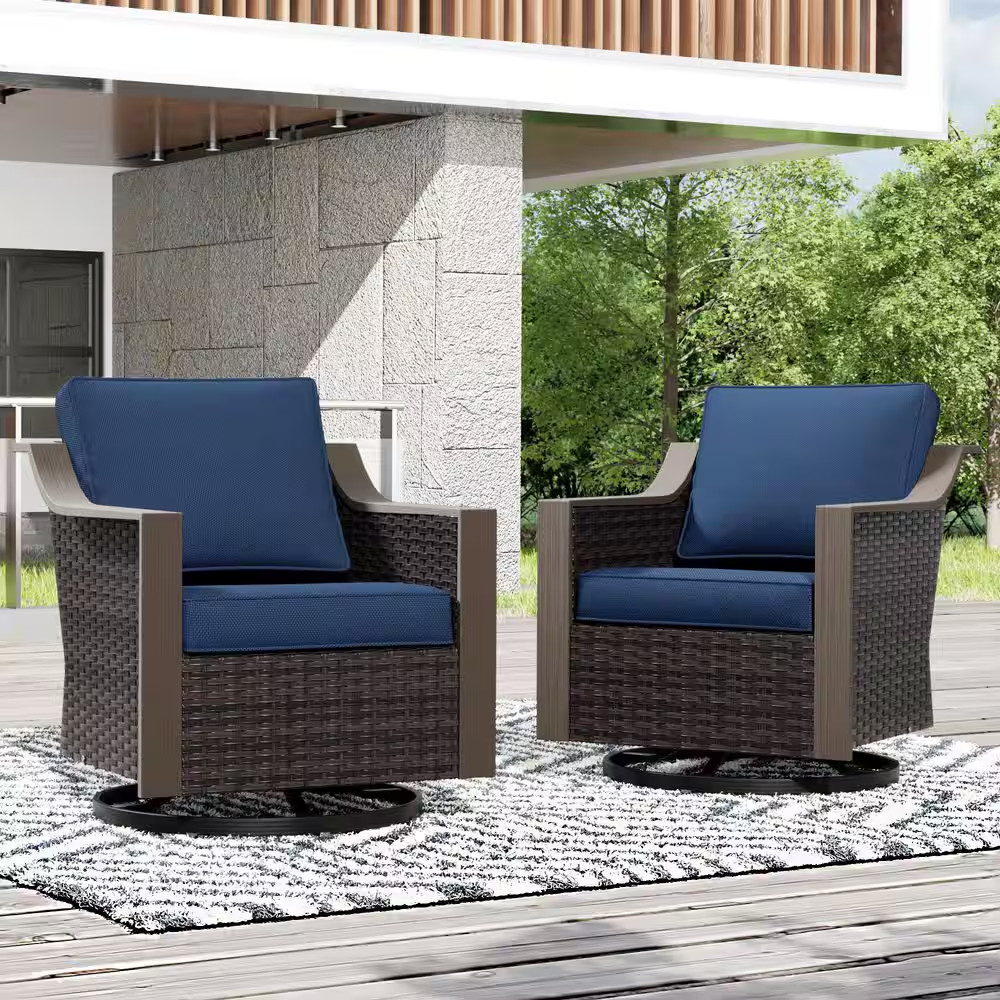 2-Piece Brown Wicker Outdoor Rocking Chair Patio Swivel Chair Set with Blue Cush