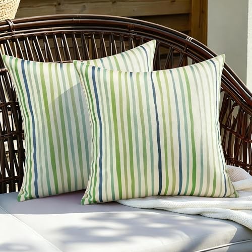 Spring Outdoor Waterproof Throw 18″ x 18″ (Pack of 2) Natural Green Stripes