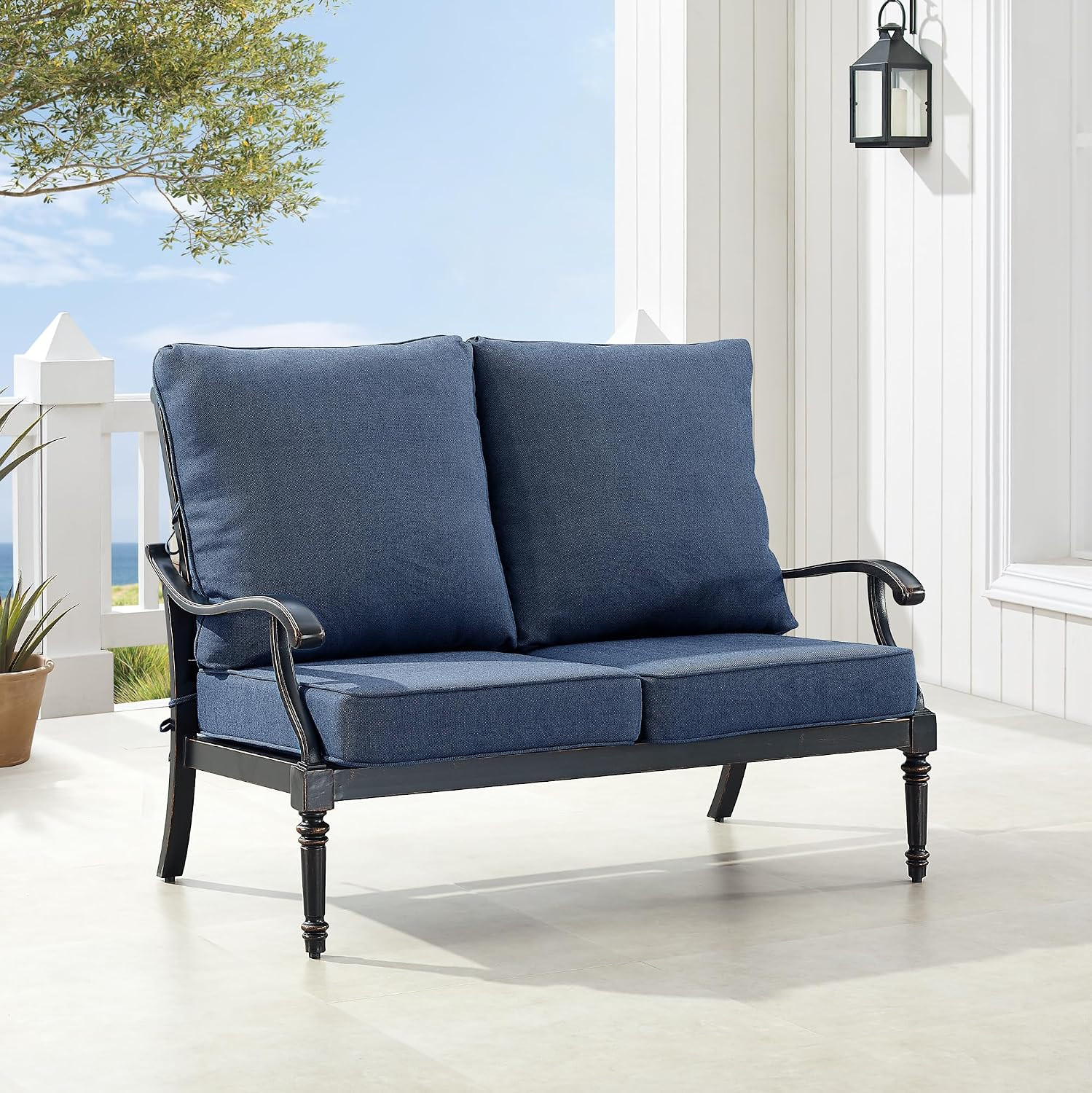 Black Aluminum Patio Deep Seating Outdoor Two Seater Loveseat with Blue Cushions