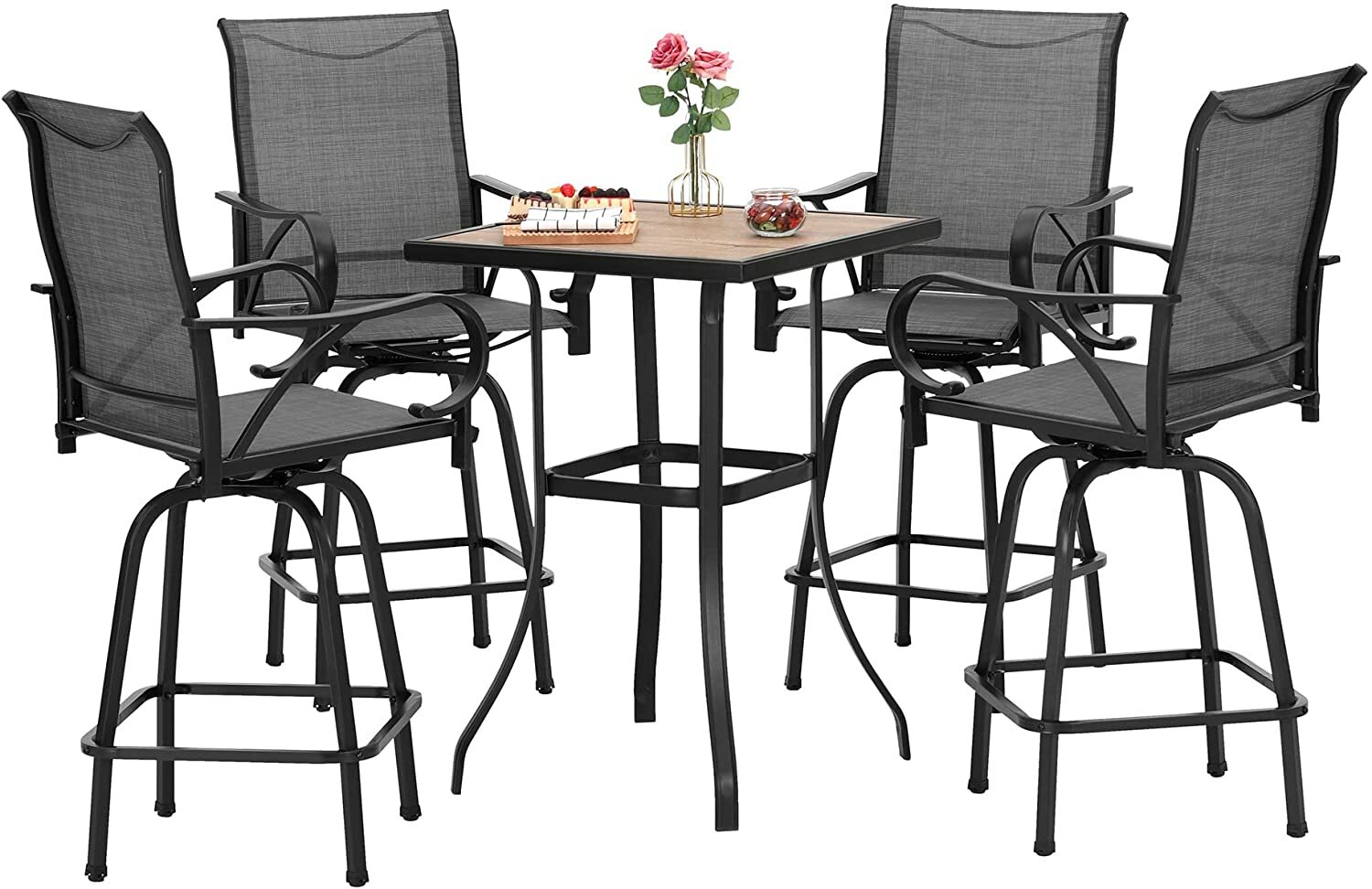 5 Piece Outdoor Patio Table Chair Set Swivel Bar Chairs Bar Height Table