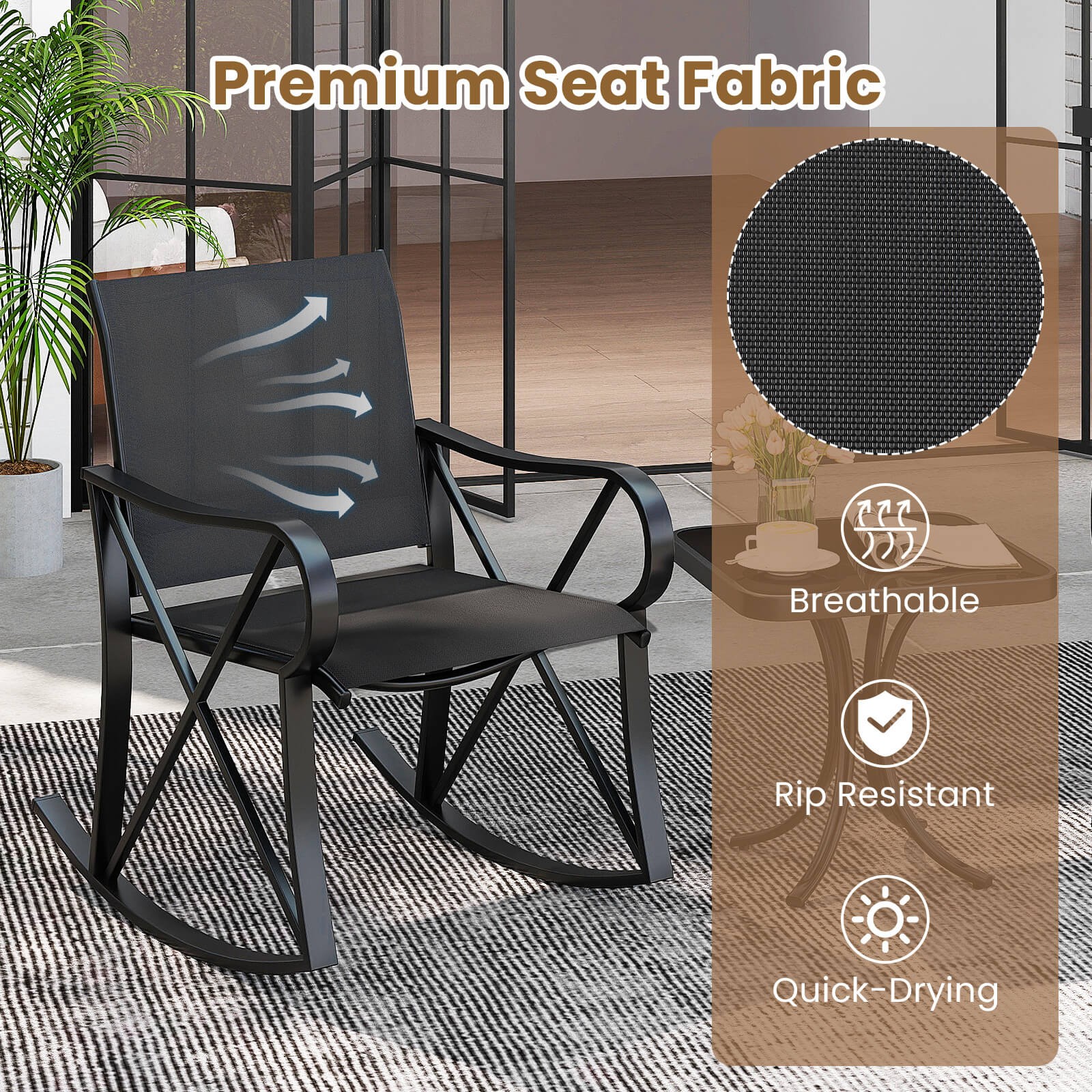 3 Piece Patio Rocking Set 2 Rocking Chairs w/ Tempered Glass Side Table Black