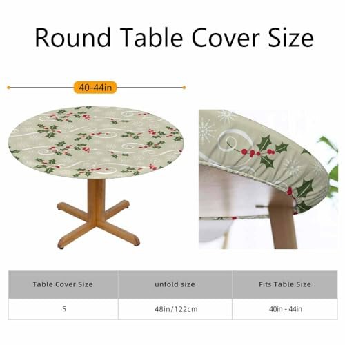 Christmas Pattern Round Table Cloth Cover Snowflake Red Berry Leaves Winter