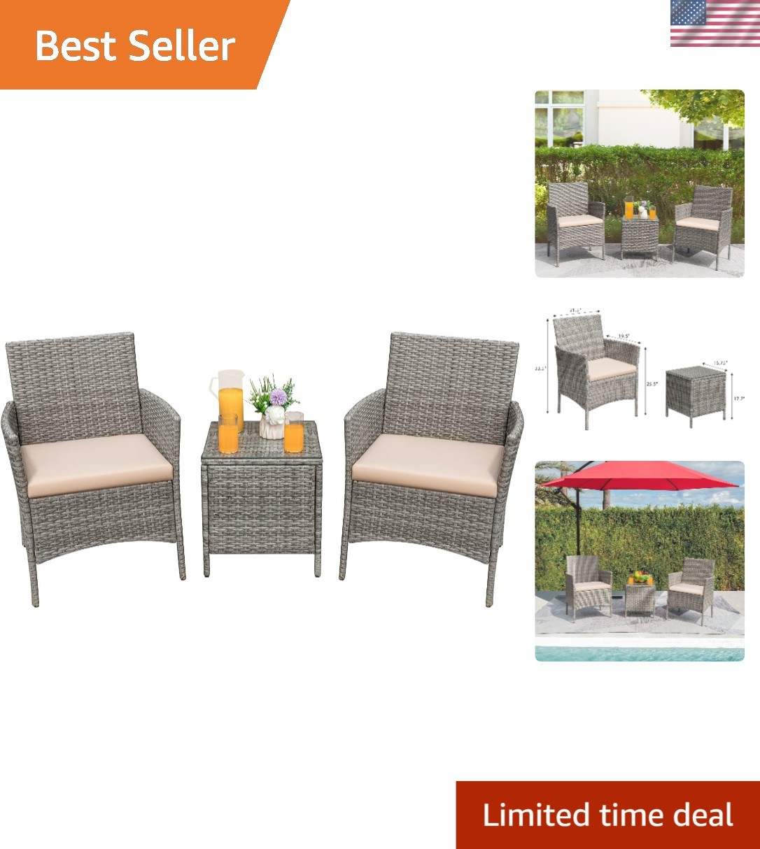 Modern 3-Piece Patio Furniture Set with Lightweight Rattan Chairs & Coffee Table