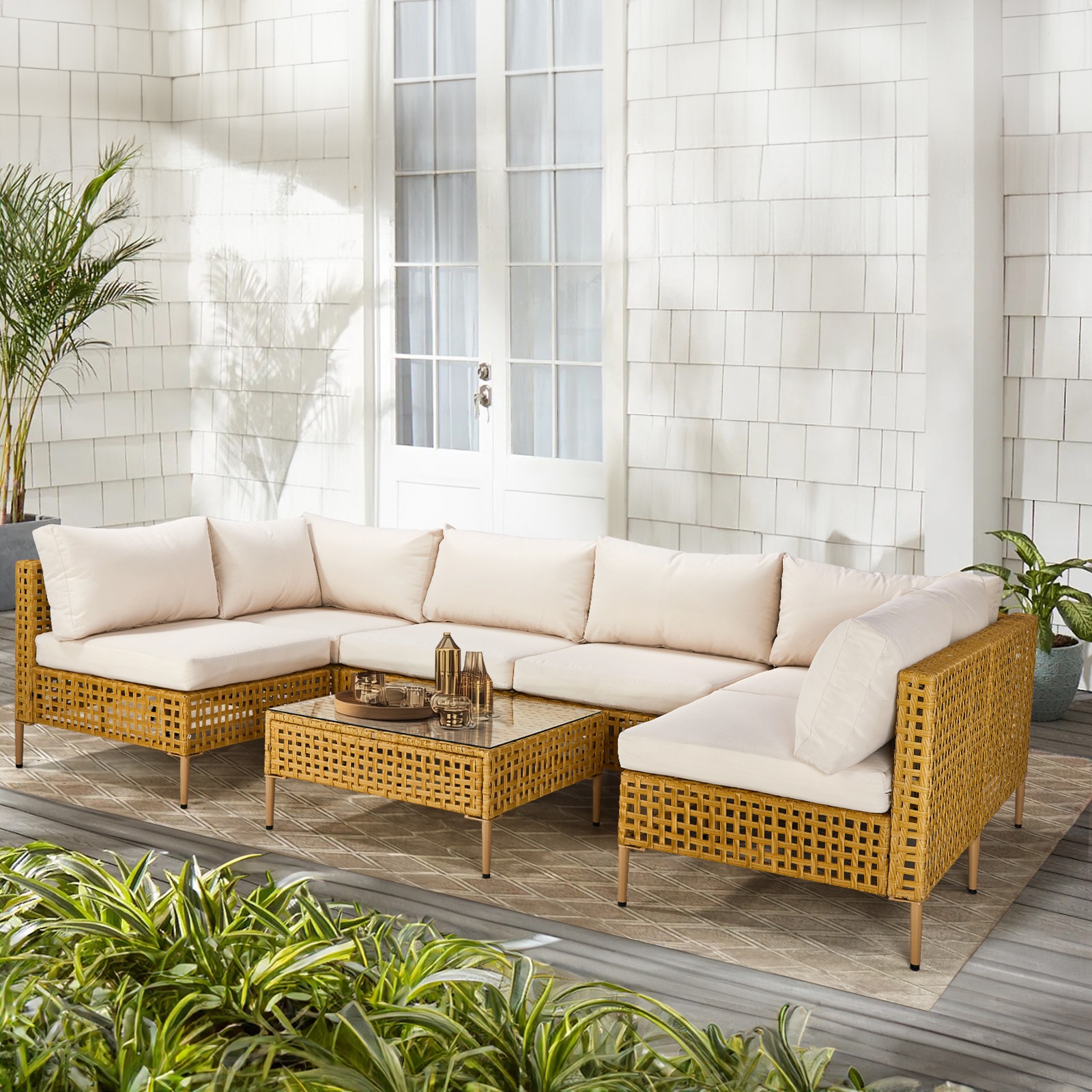 Garden Outdoor 7PC Patio Wicker Sectional Yellow Rattan Beige Cushion Chair Sofa