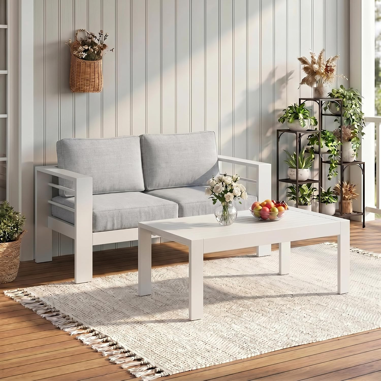 Aluminum Outdoor Loveseat with Coffee Table,2 PCS Patio Furniture Set with Cushi