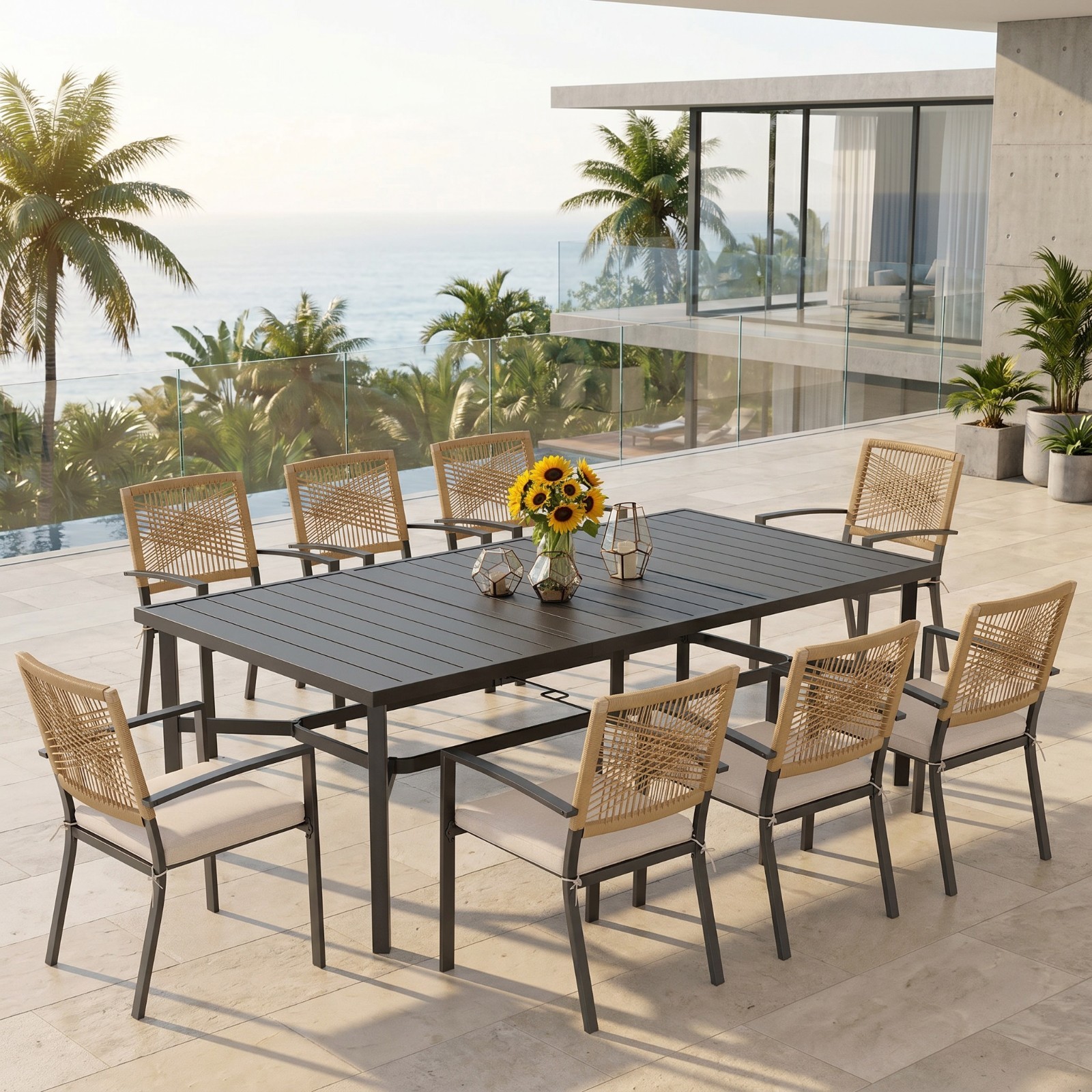 9PCS Patio Dining Set Heavy Duty Outdoor Rattan Chairs Rectangular Metal Table