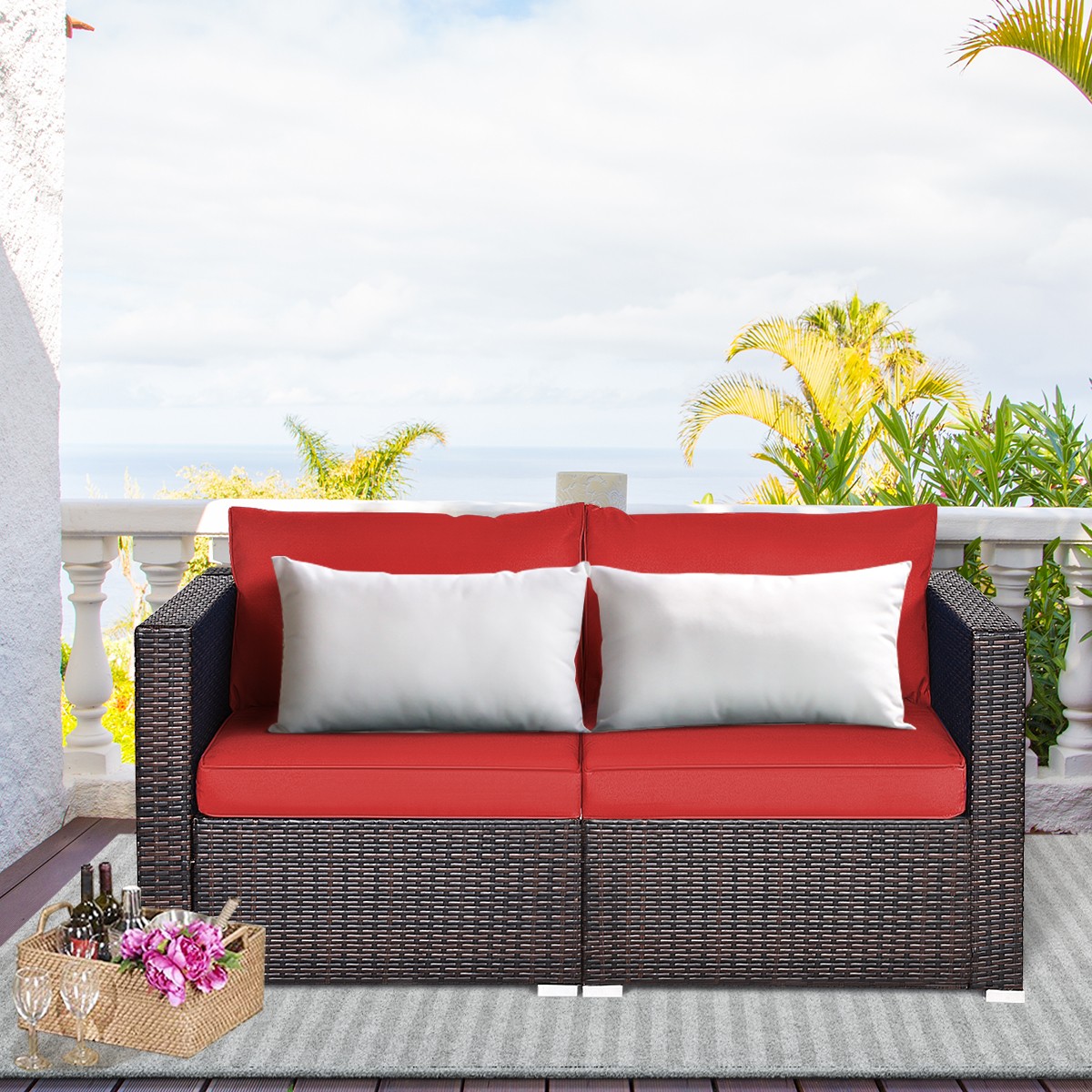 Patiojoy 4PCS Patio Rattan Sofa Set w/ Hand-Woven Rattan & Four Cushions Red