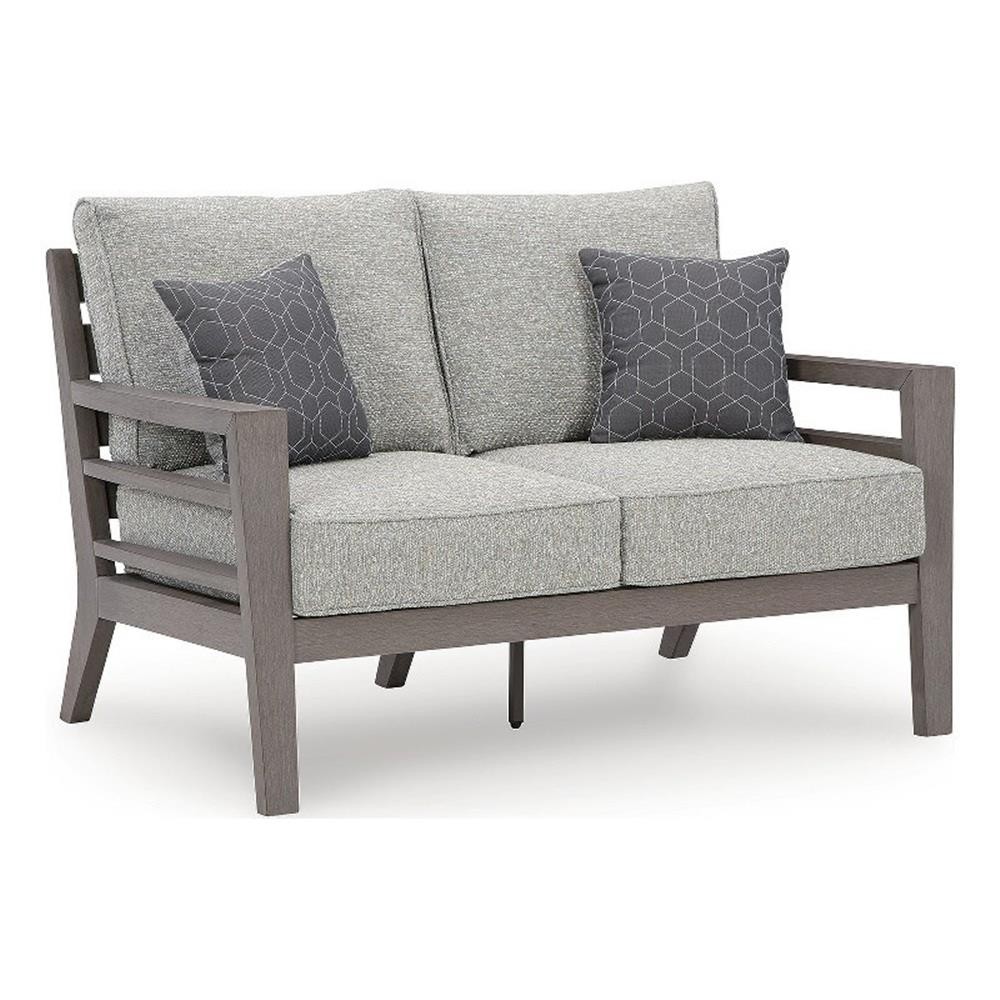 Bowery Hill Coastal Gray & Brown Plastic Outdoor Loveseat with Cushion