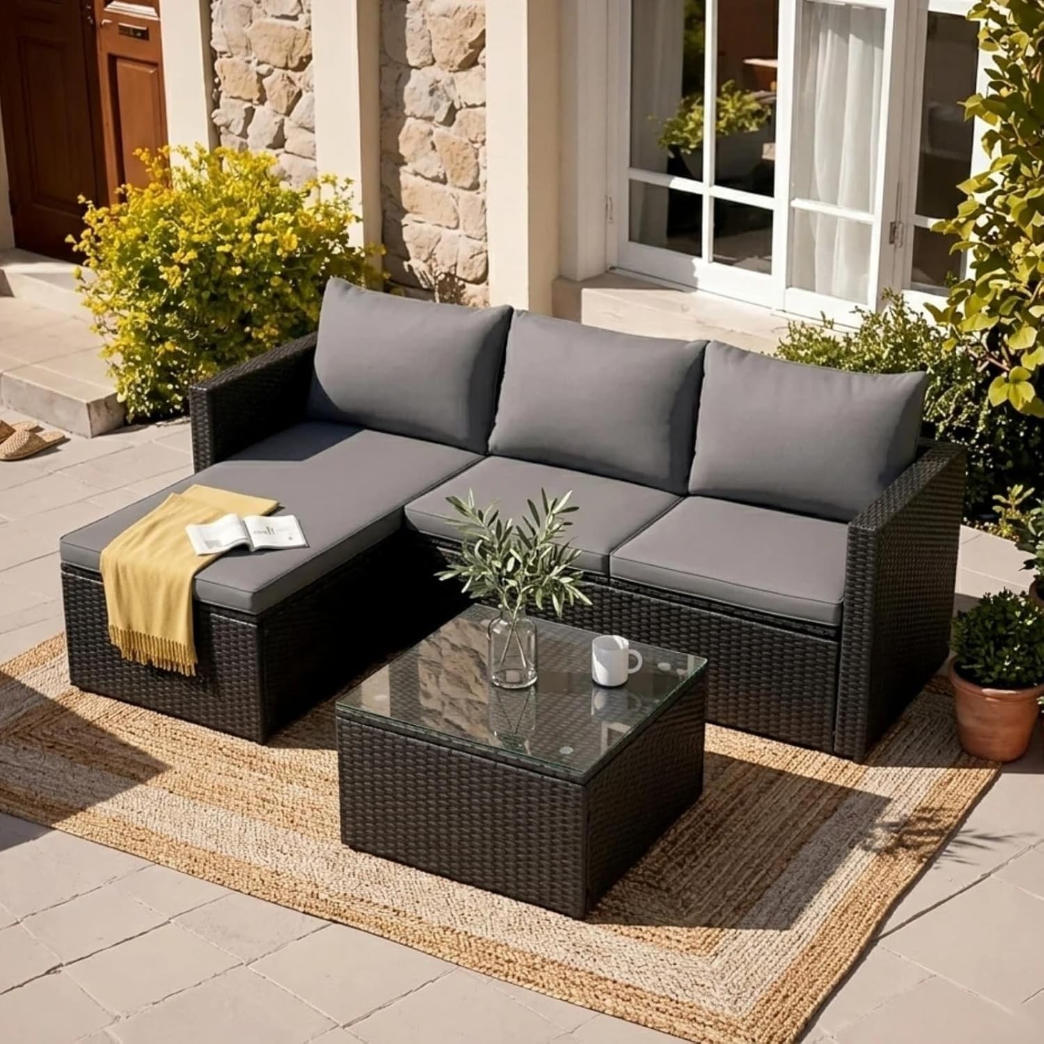 3-Piece Outdoor Sectional Sofa Set W/ Glass Coffee Table All-Weather PE Wicker