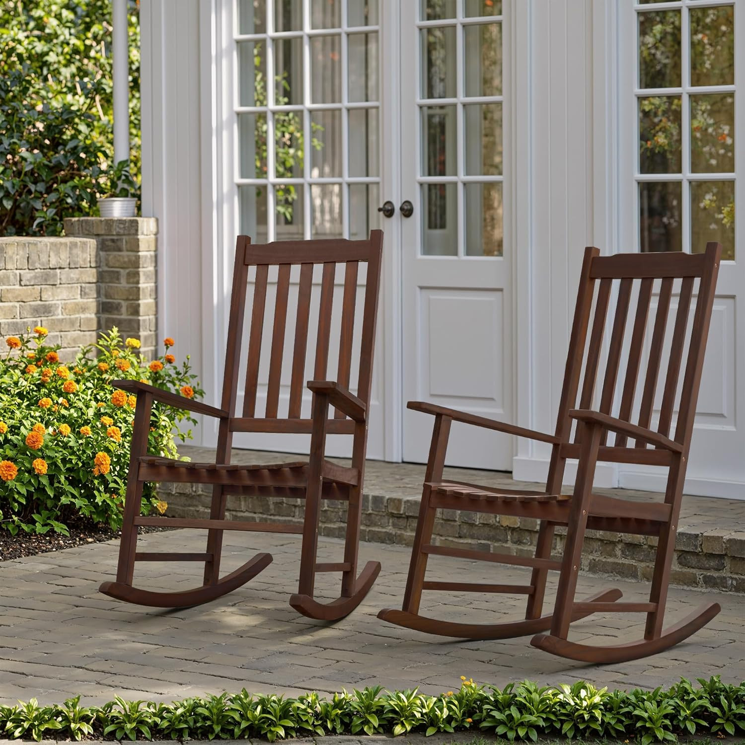 Flamaker Acacia Wood Patio Rocking Chair Set of 2, High Back and Widen Armrest f