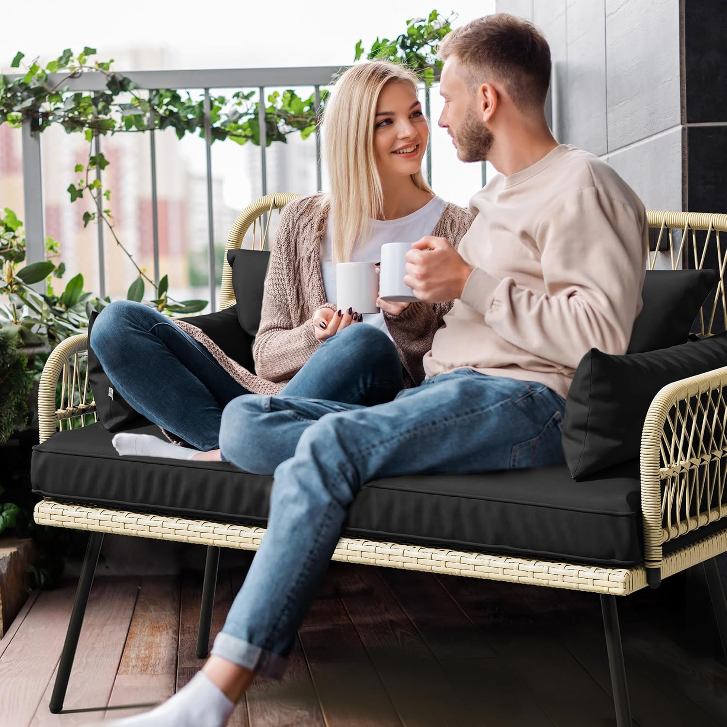 Light Brown & Black Wicker Loveseat Set with Cushions & Side Table for Outdoors