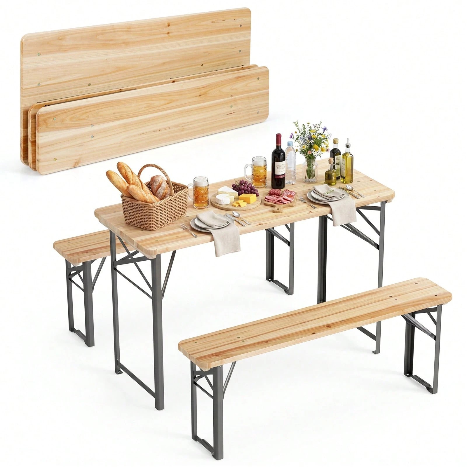 3PC Folding Picnic Table With Benches Natural Wood Outdoor Patio Garden Set