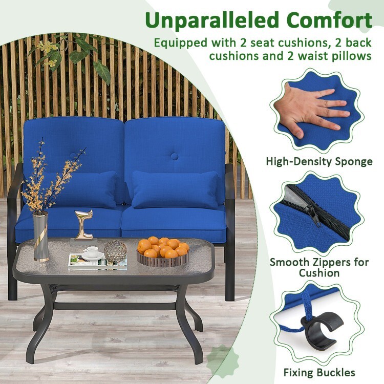 Outdoor Furniture Set Loveseat Chair Set w/Rectangle Coffee Table & Back Cushion