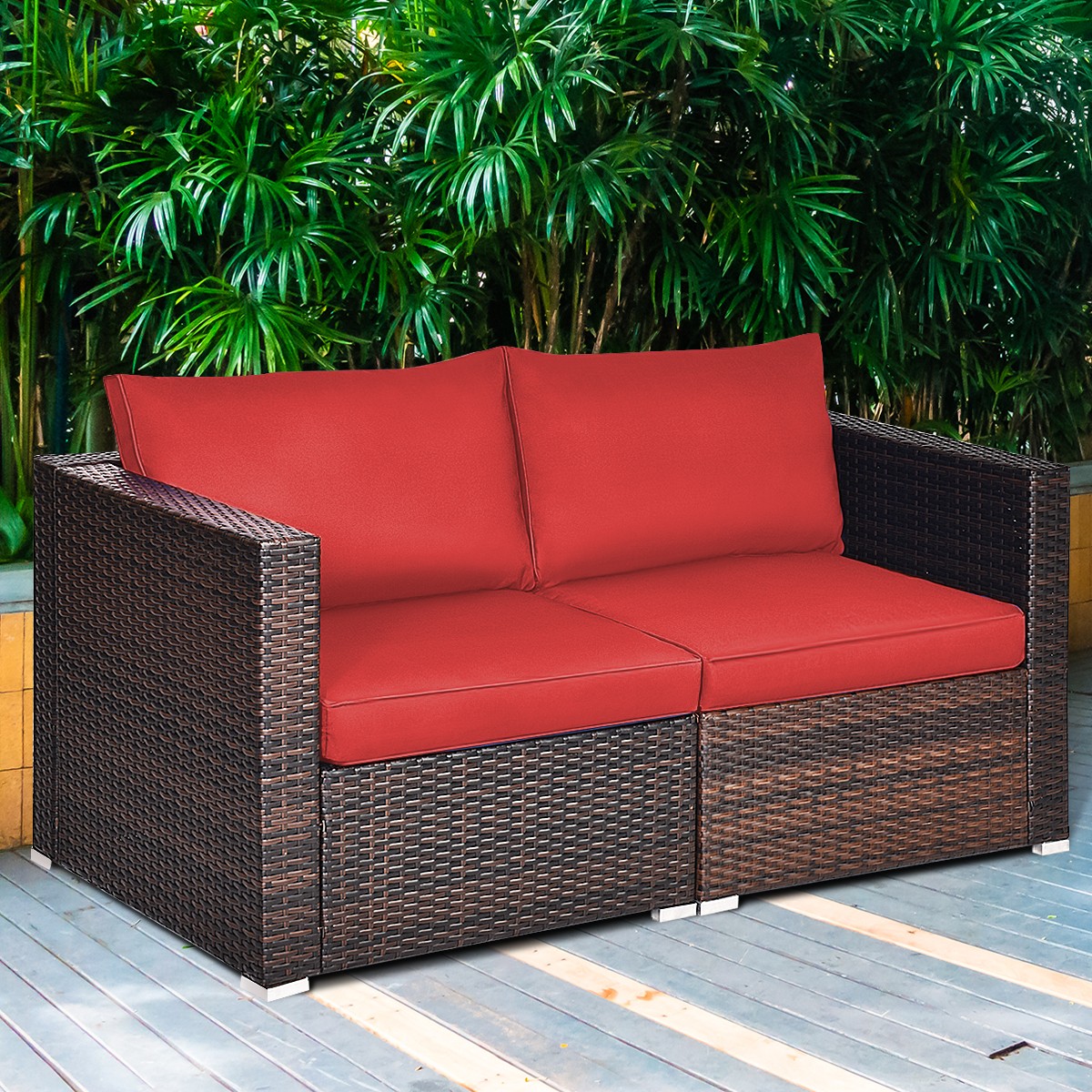 Patiojoy 4PCS Patio Rattan Sofa Set w/ Hand-Woven Rattan & Four Cushions Red