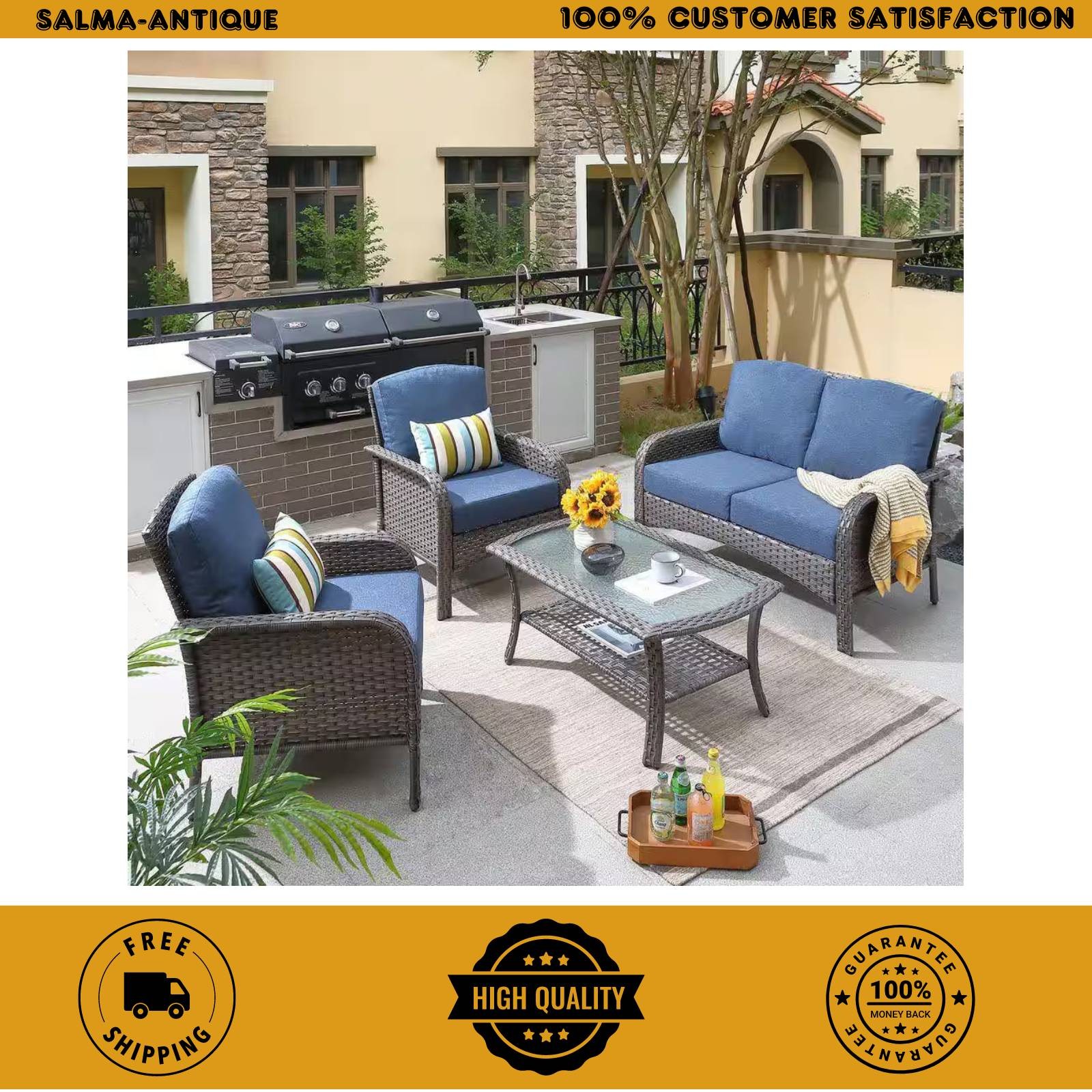Toject Denali Gray 4-Piece Wicker Outdoor Conversation Set with Blue Cushions