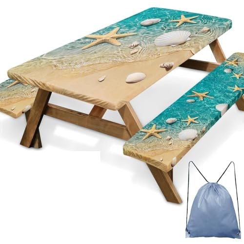 Picnic Table Cover with Bench Covers Elastic Edges, 96in Starfish Seashell