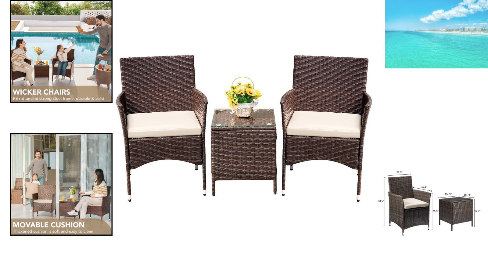Versatile Brown Rattan 3-Piece Set – Ideal for Patio or Garden Relaxation