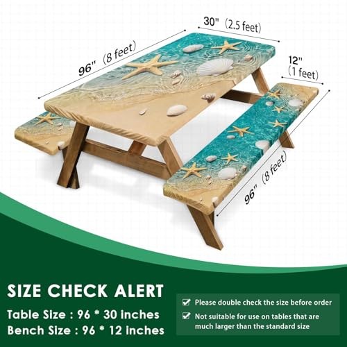 Picnic Table Cover with Bench Covers Elastic Edges, 96in Starfish Seashell