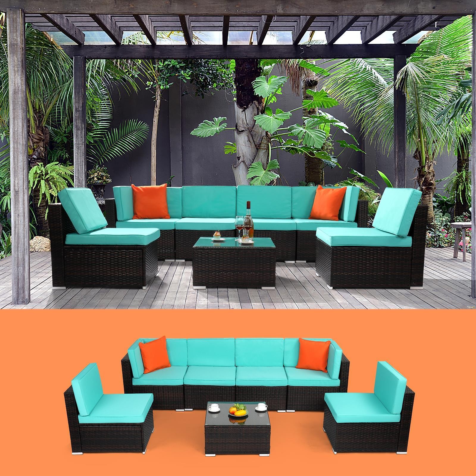 7 Pcs Patio Rattan Sofa Set Outdoor Wicker Sectional Furniture w/Table Lake Blue