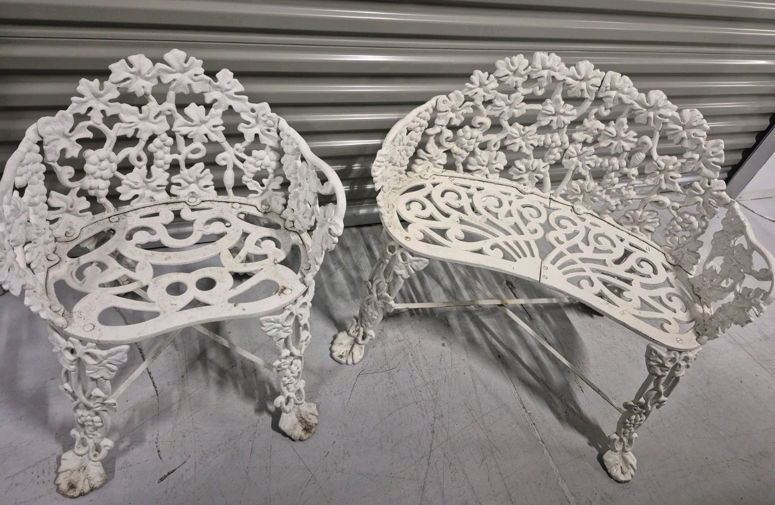 Vintage White Wrought Iron Bistro Set And Bench & Chair