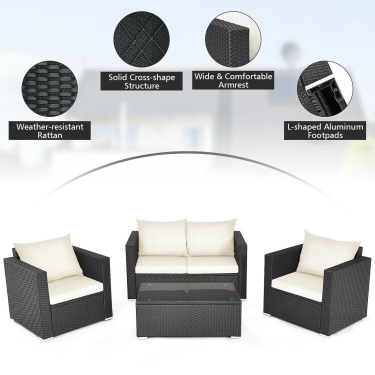4-Pieces Patio Rattan Wicker Furniture Set Outdoor Sectional Sofa White Cushions