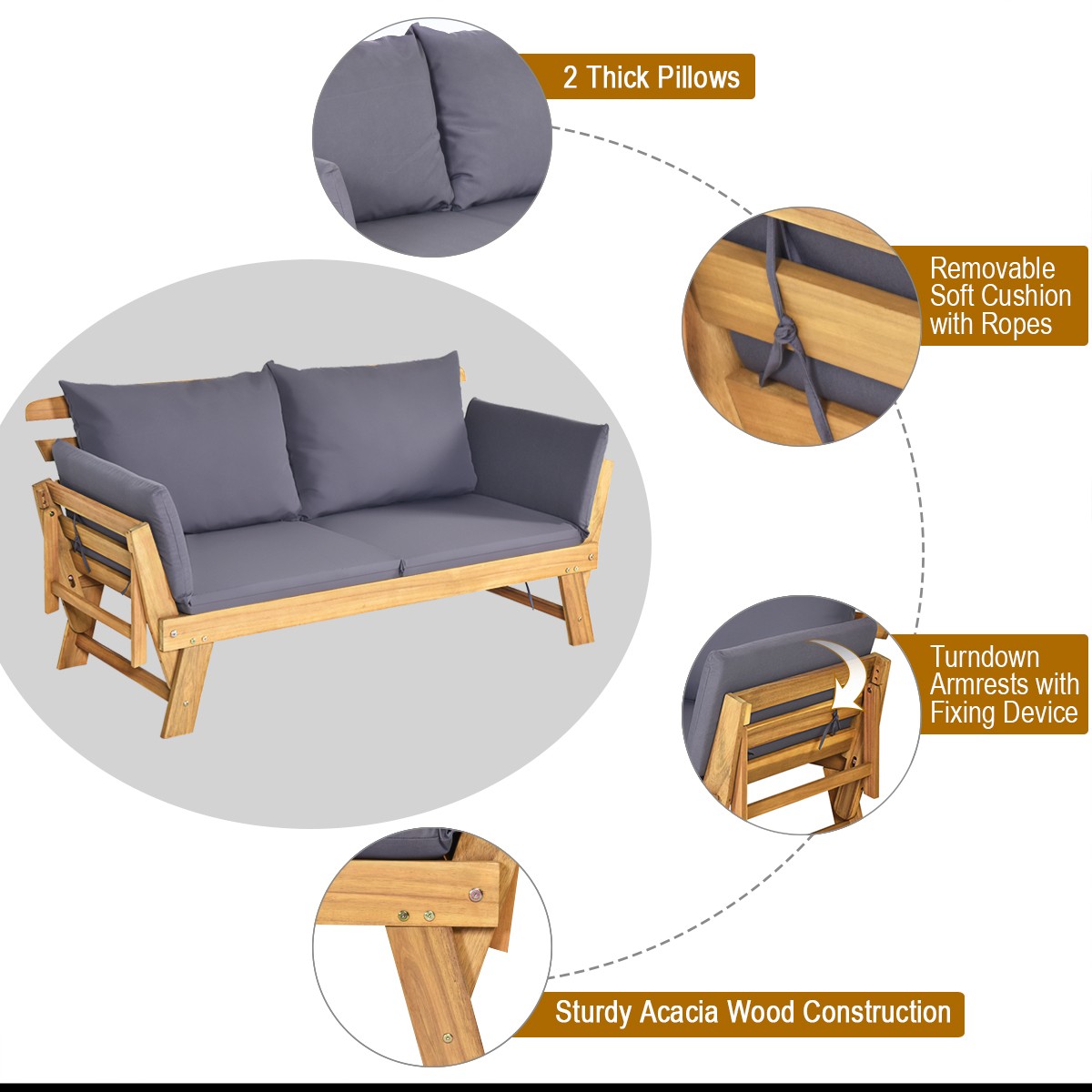 Patio Convertible Sofa Daybed Solid Wood Adjustable Furniture W/Thick Cushion