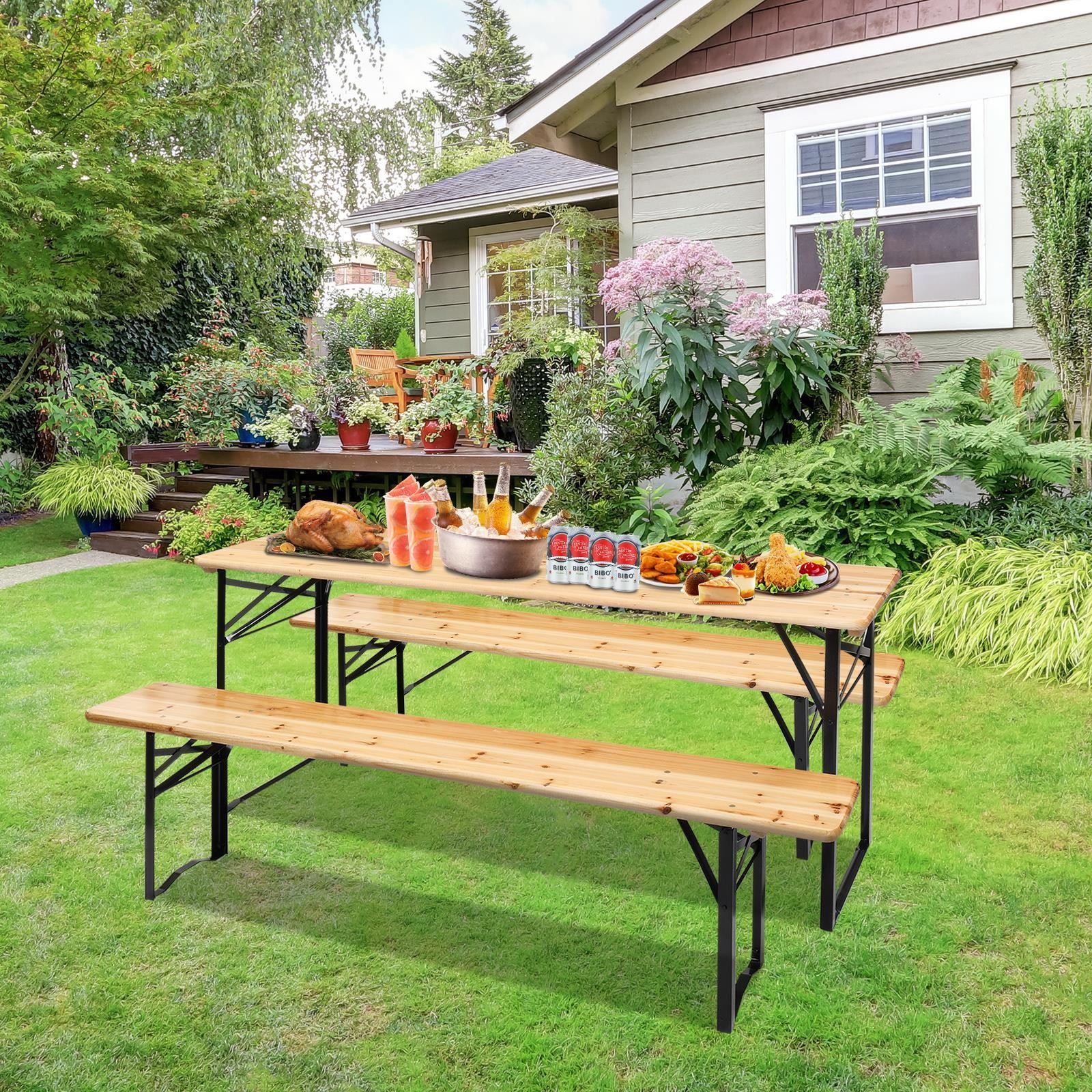 3 Piece Outdoor Wood Picnic Table Beer Bench Dining Set Folding Wooden Top Patio